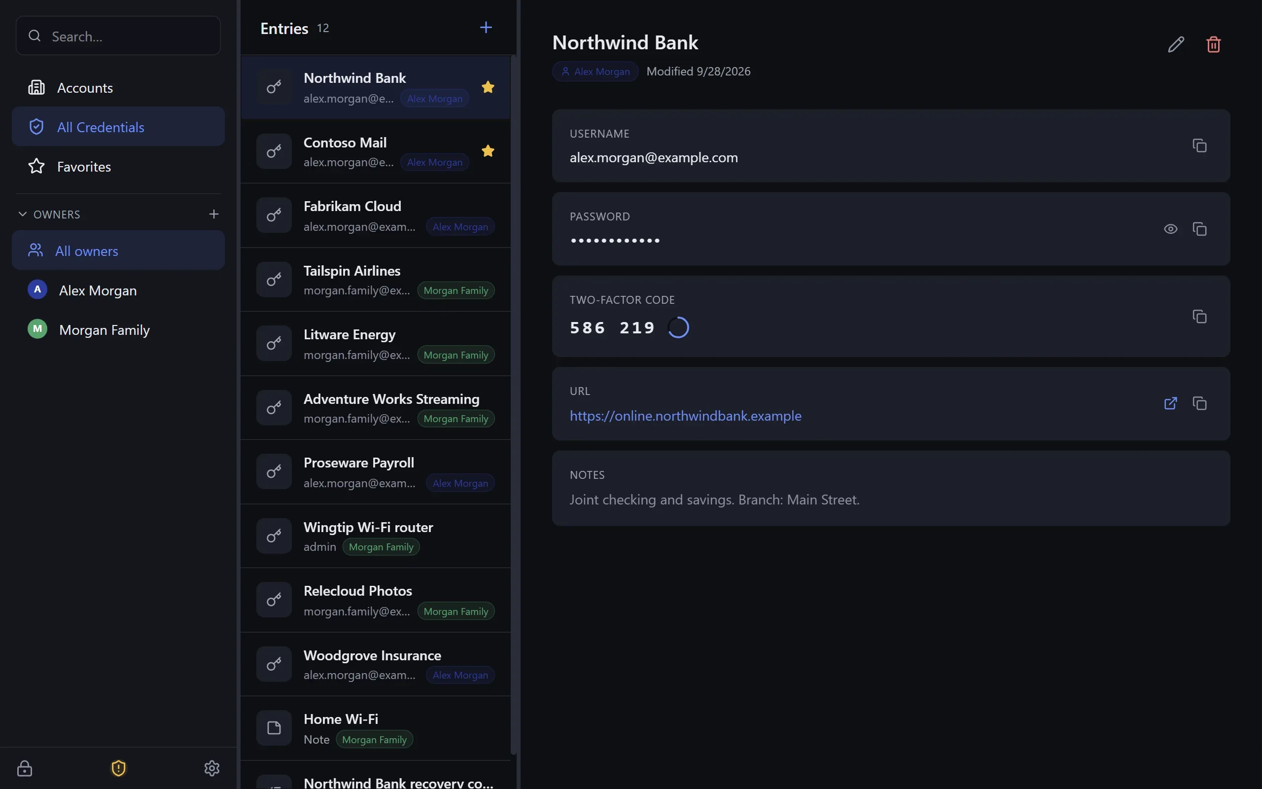 The Keys Wallet & Watch vault window: a sidebar with Accounts, All Credentials, Favorites and the owners Alex Morgan and Morgan Family, a list of logins, and the Northwind Bank login open showing its username, a hidden password, a live two-factor code with its countdown ring, the web address and a note.